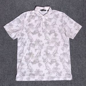 Travis Mathew Seaside Polo Shirt Large White Gray Palm Tree Golf Performance